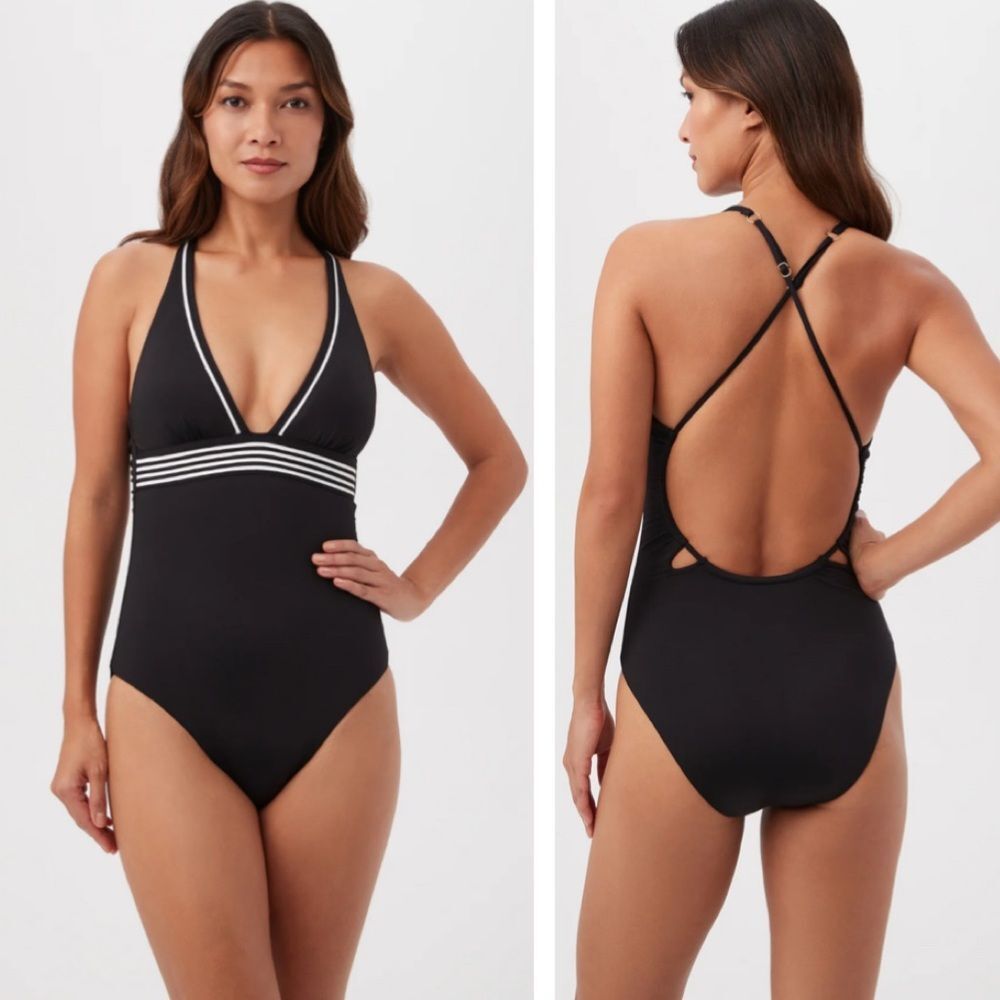 TRINA TURK SWIM Monaco Pleated Plunge One-Piece Black Size Small
